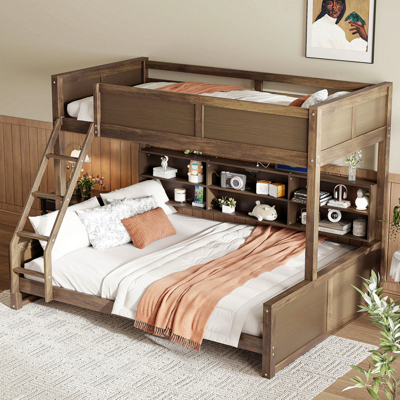 Lit superposé avec armoires de rangement et ports USB, Bois