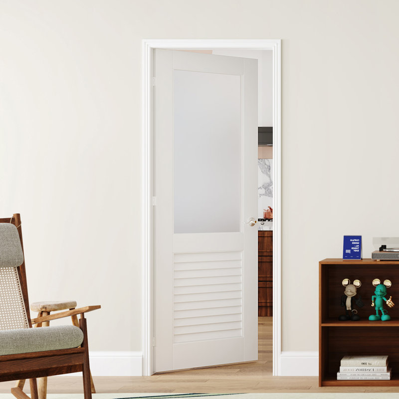 Porte-fenêtre intérieure pré-suspendue double style moderne en demi-verre avec panneau à persiennes, cadre réglable, bois massif et bois manufacturé blanc avec cadre et poignée (ensemble de 2)