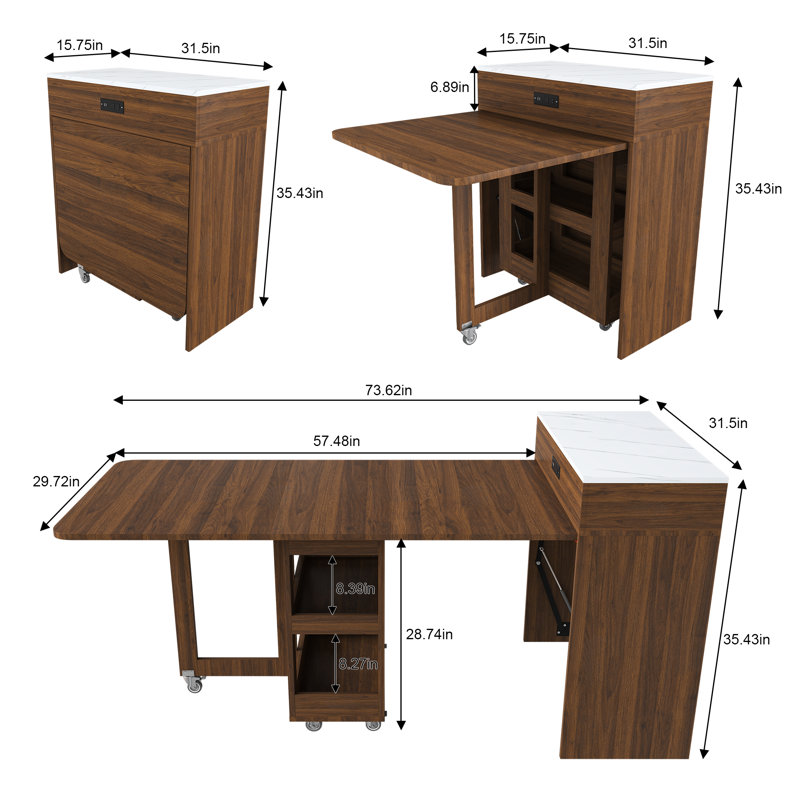 Table de salle à manger extensible 74 po avec prise de courant, rangement et roulettes verrouillables, noyer, Noyer