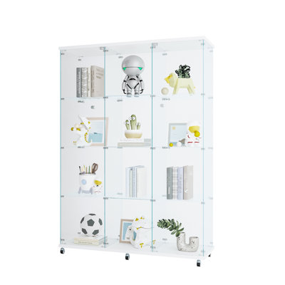 Enormous Glass Display Cabinet 4 Shelves, For Living Bedroom Office - Black White, Abundant Storage Compartment, Thick Tempered Surface, Solid Wood Build, Simple Assembly Process Extra Large 4-shelf