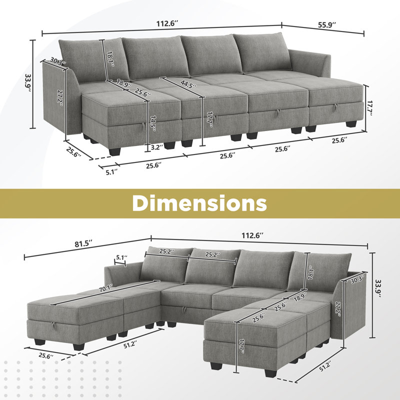 U shaped Sleeper Sectional Modular Sectional Sofa with Chaise, Gray Polyester