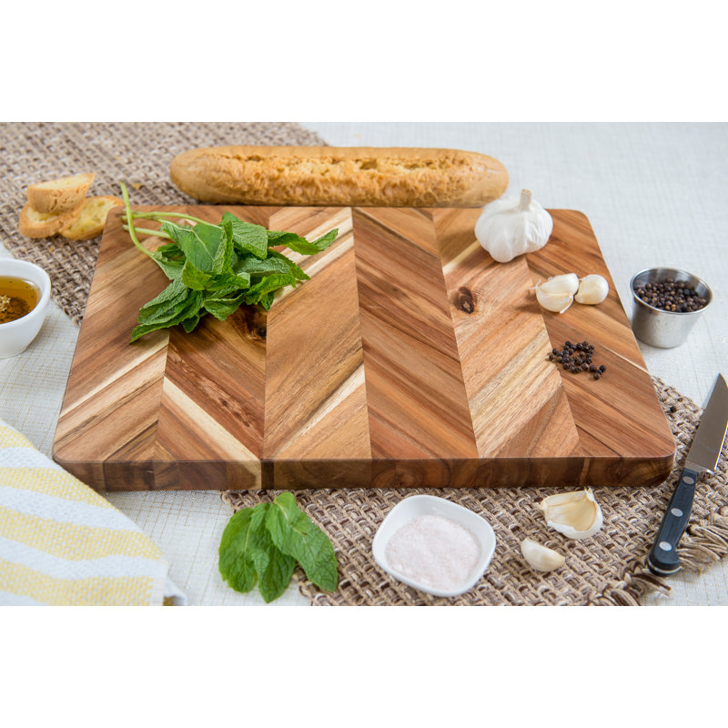 Acacia Herringbone Rectangular Cutting/Serve Board With Inset Handles And Well, Medium   ETA July