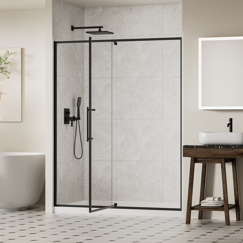 Porte de douche pivotante avec cadre en verre trempé de 56 à 60 po x H 74 po avec verre trempé de 5/16 po (8 mm), finition noir mat, installation réversible
