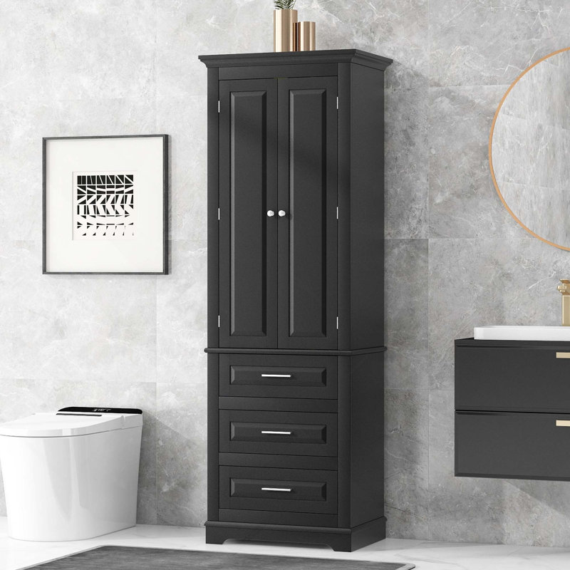 Tall Storage Cabinet With 3 Drawers & 2 Doors For Bathroom/Office, Black