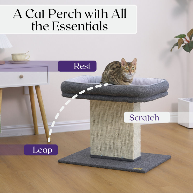 Catry 2-in-1 Mellow Cat Perch with Large Soft Bed and Sisal Scratching Post, Minimalist Design, Grey