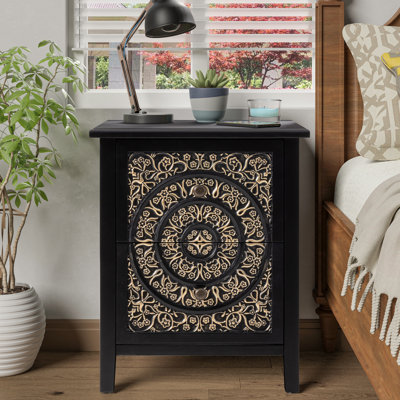 Levera Farmhouse Fully-Assembled 2-Drawer Nightstand, Distressed End Table, Black & Gold by Bungalow Rose
