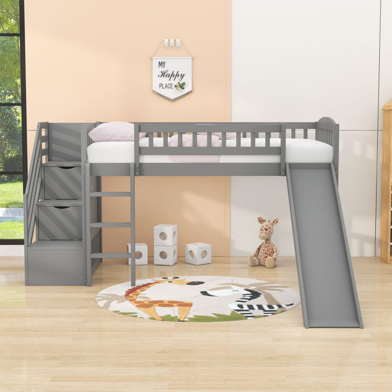 Lit mezzanine simple avec escalier et glissade convertible, Gris