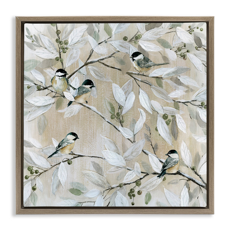 «Chickadee Birds on Branches Grain», art mural sur toile flottante par Carol Robinson, Cadre flottant orme Montalcino