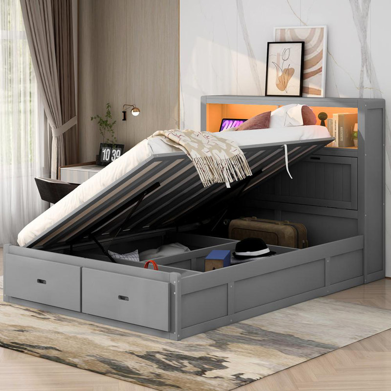 Lit plateforme avec rangement Kleine, Double, Gris