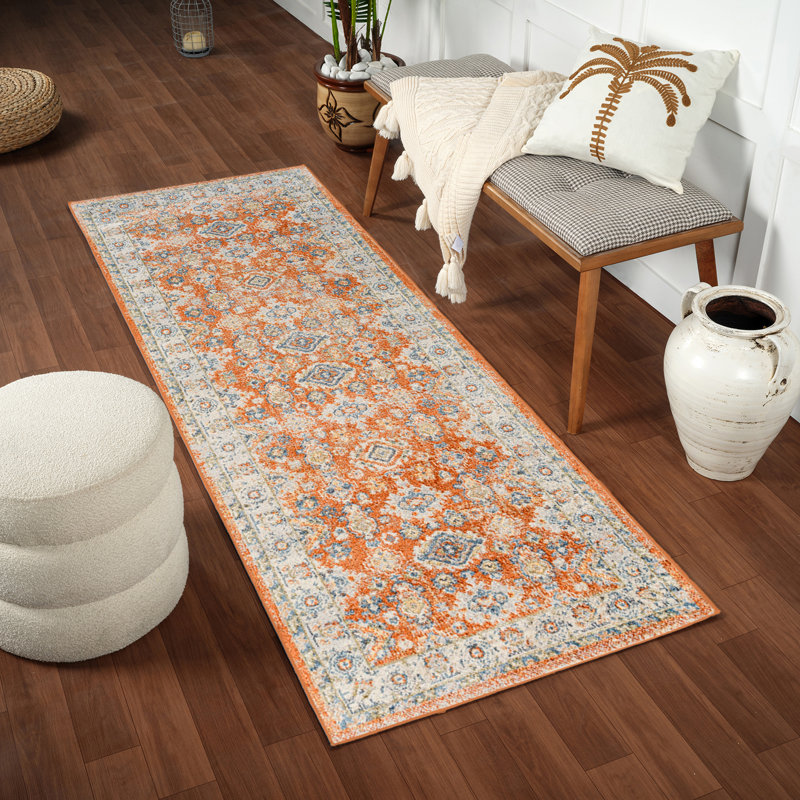 Machine Washable Brown/Blue, Runner 80 x 220cm