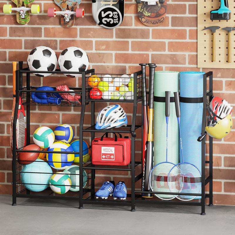 Support de sac de golf organisateur de rangement de golf pour le garage avec panier et crochets, support de rangement pour 2 sacs de golf, organisateur de cadeau de golf pour hommes