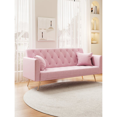Velours rose convertible de 71 pouces, adapté pour les petits espaces, positions réglables, tissu, lit simple à installation simple, pouce, vie confortable