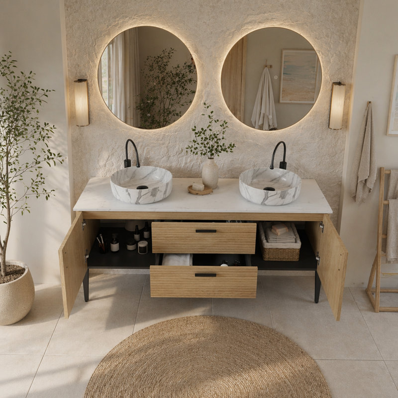 Meuble-lavabo en chêne naturel rayé avec lavabo en céramique blanc Carrara de 60 po Emilia, KD