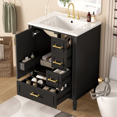 Meuble-lavabo moderne de 24 pouces avec lavabo en céramique, porte à fermeture en douceur, 3 tiroirs et rangement compact pour des salles de bain élégantes et fonctionnelles