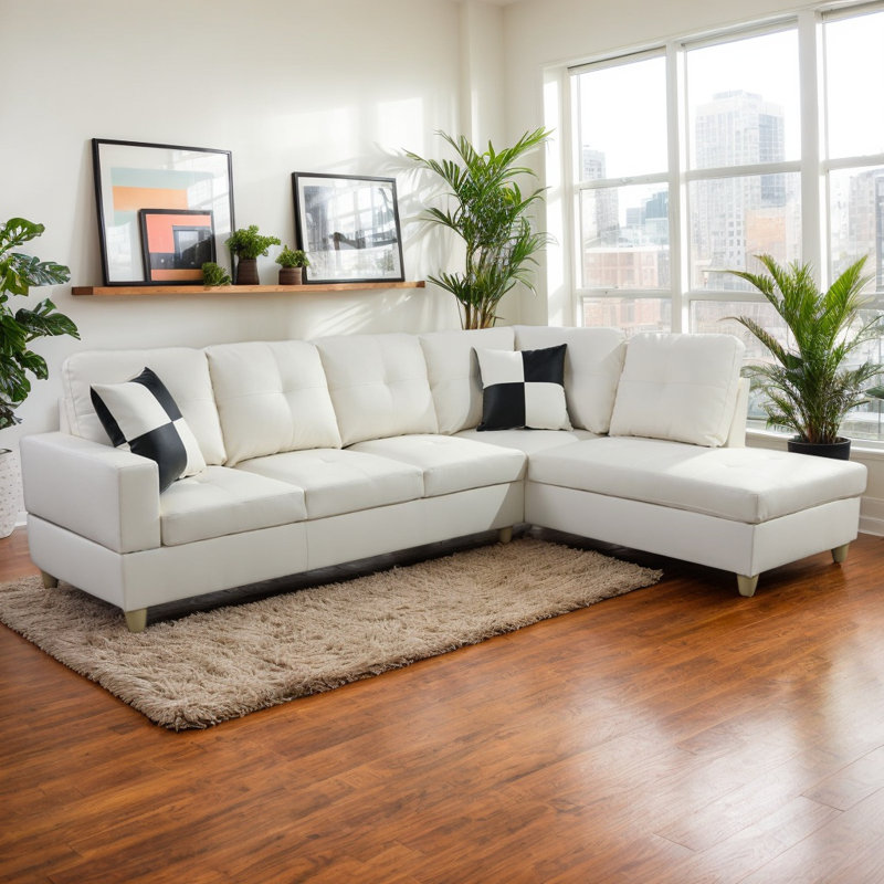 Amielle Faux Leather Sectional, White Faux Leather, Ivory, Right Hand Facing
