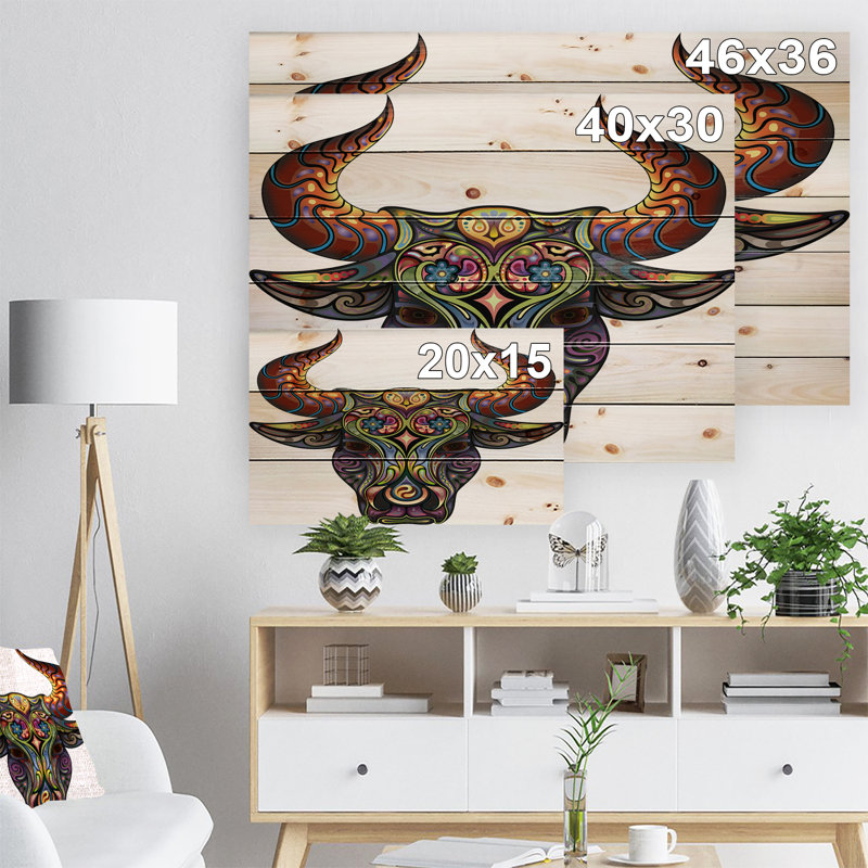 « ornemental bull », impression, H 15 po x l 20 po x P 1 po, Bois