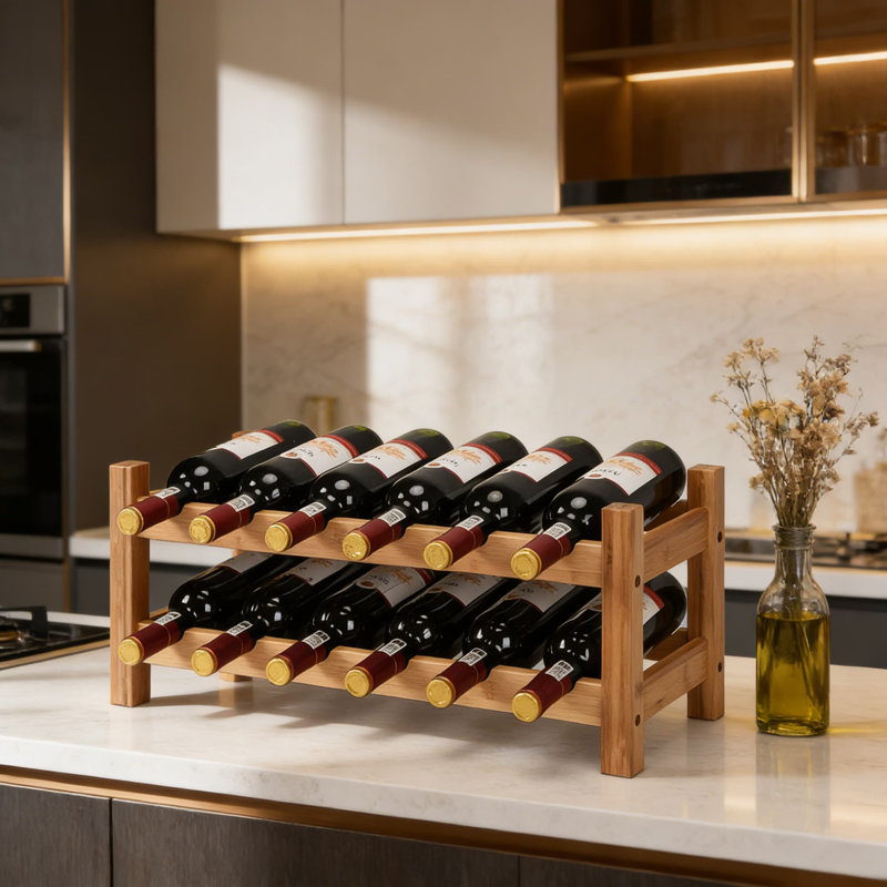 12 Bottle Wine Rack For Countertop - 2-Tier Free Standing Bamboo Wine Storage Display For Kitchen, Pantry, Or Dining Room