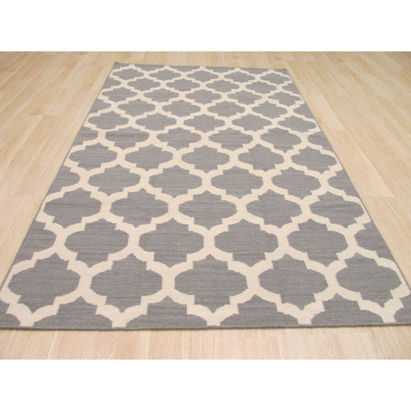 Tapis gris en laine tissé à plat à la main Selena Elena, Rectangulaire 8 pi x 10 pi