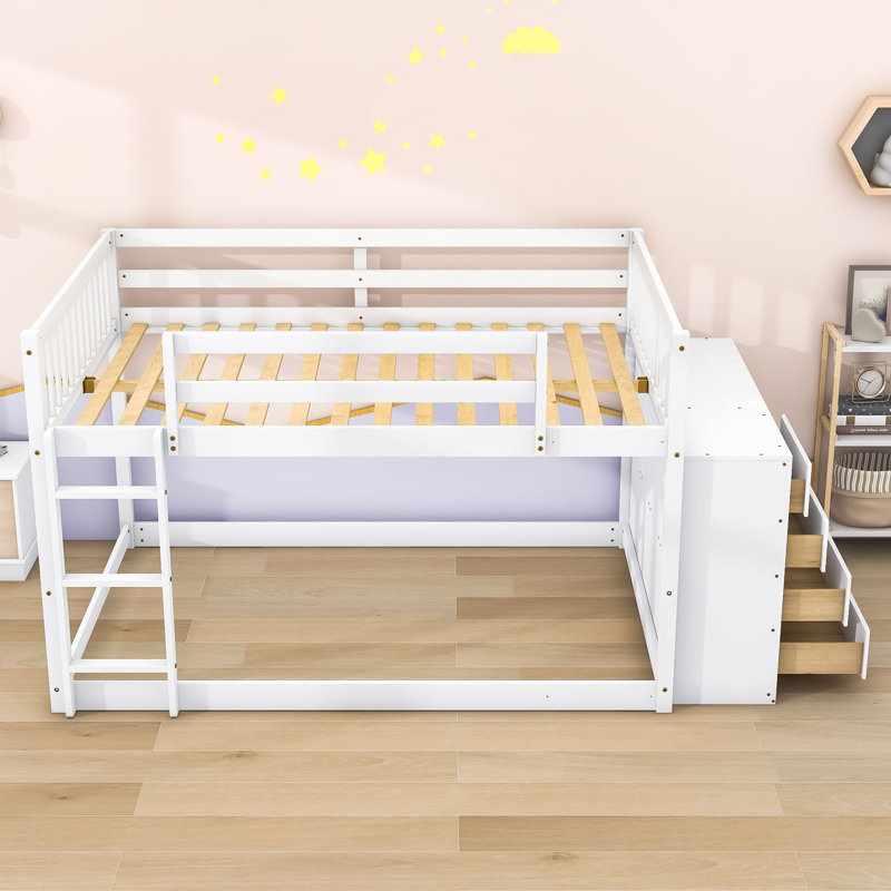Lit superposé en bois 4 tiroirs avec tablettes, Double, Blanc