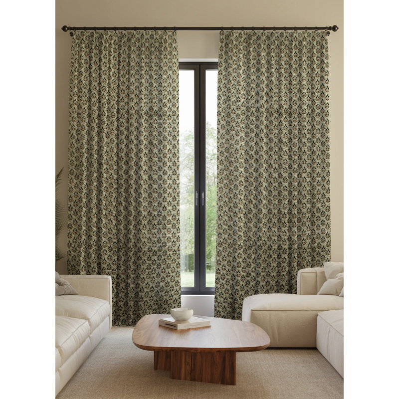 Fabdivine Home Decorative Dark Green or Brown 100% Blackout Handmade Block Print Floral Curtains 27x96 Inches, Pleated Pinch Drapes for Office, Bedroom, Kitchen, or Patio, Alia