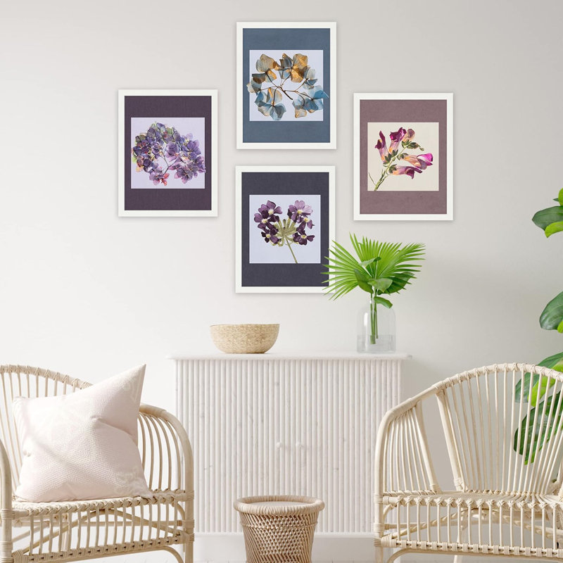 Multicolore, ensemble de 4 plantes géométriques pastel, impression murale encadrée sur papier, 4 pièces, Blanc