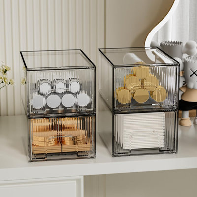 Makeup Organizer Drawers, Stackable Stripes Bathroom Organizers And Storage For Bathroom, Vanity, And Kitchen Cabinets 4 Pcs