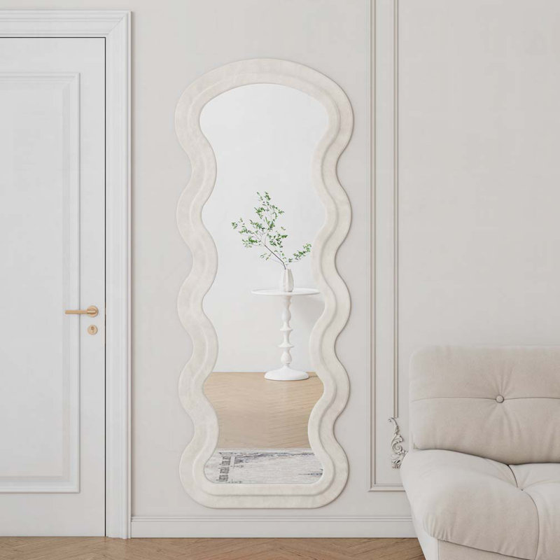 Flannel Full Length Wave Floor Mirror with Stand for Bedroom living room Hanging or Against, White