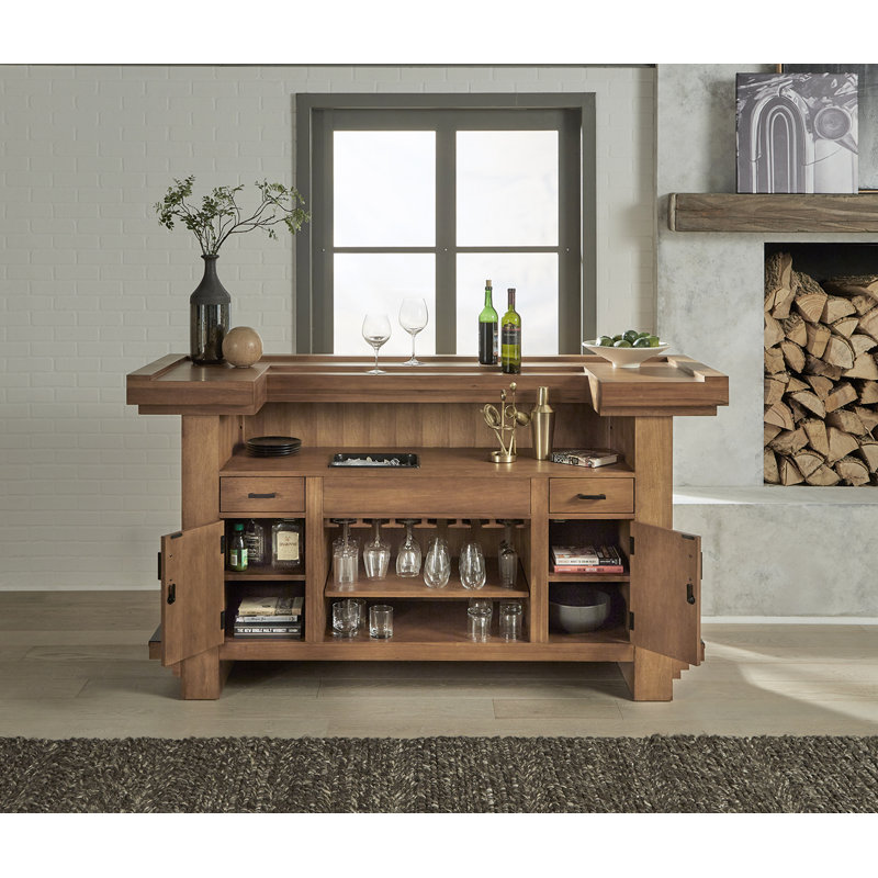 Bar American Home Alta - fini noyer brossé avec porte-verres à pied en verre, rangement pour bouteilles de vin, seau à glace amovible et tablettes de rangement