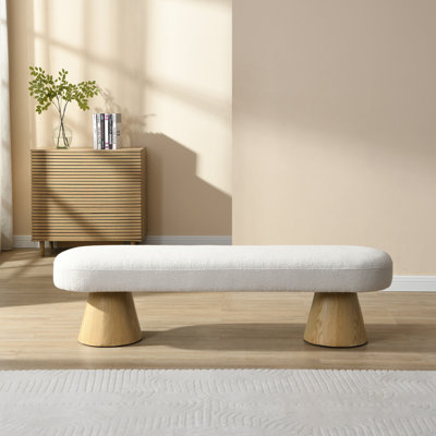Oval Boucle Upholstered Bench with sturdy wooden legs