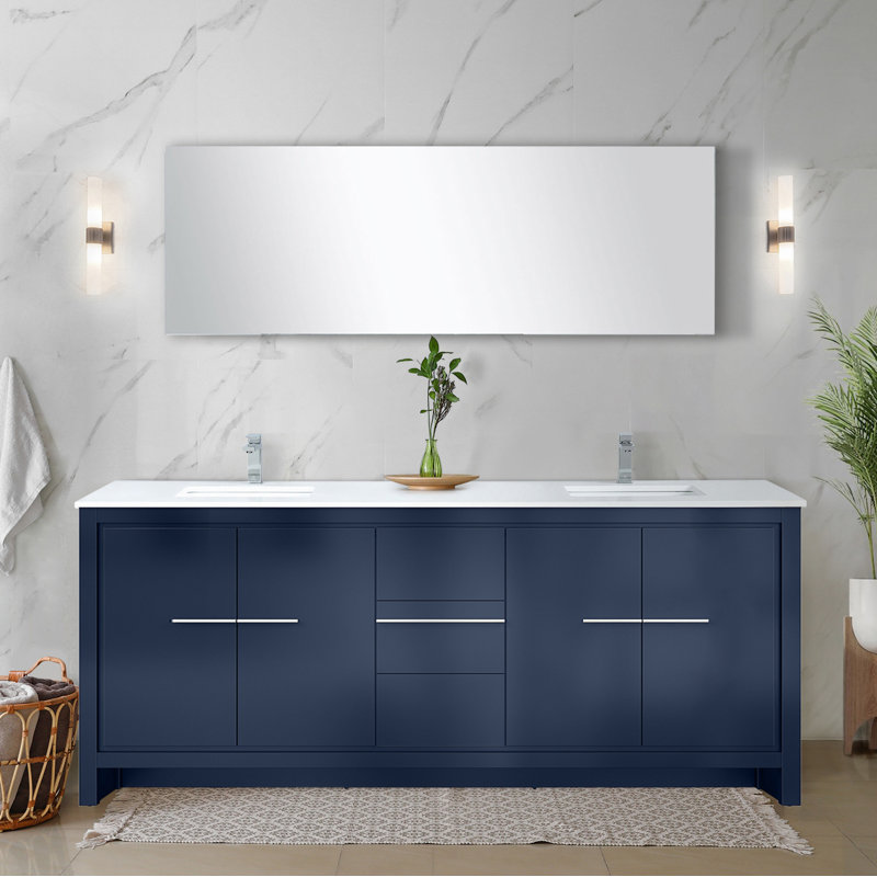 Lafarre 80 in W x 20 in D Double Bath Vanity and Faucet Set, Navy Blue, White Quartz