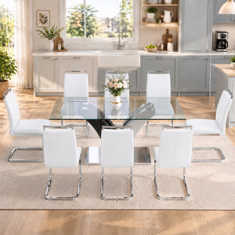 9-Piece Modern 71" Rectangular Tempered Glass Dining Set with Faux Leather Cantilever Chairs, White