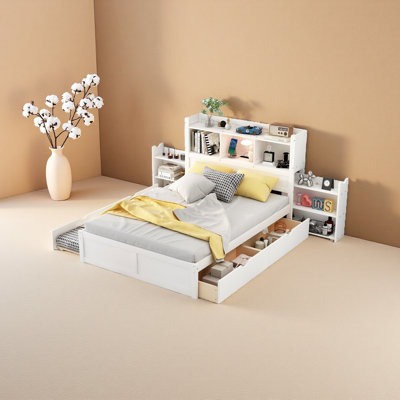 Lit plateforme double avec tablettes coulissantes