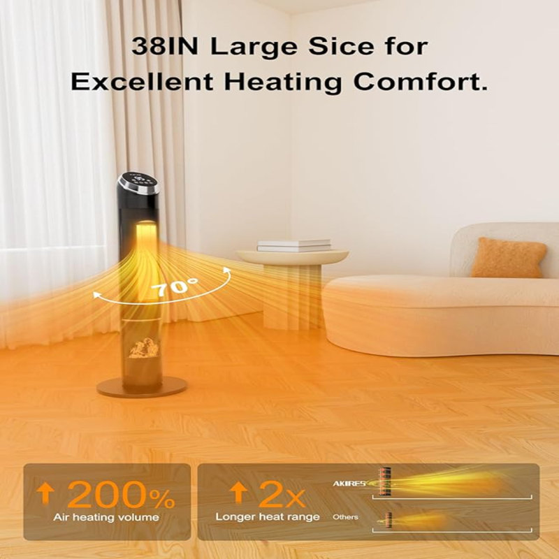 AKIRES 38In Tower Space Heater For Indoor Use,1500W Large Floor Portable Electric Heaters For Indoor Use,70° Oscillating Ptc Ceramic Heater With Thermostat,Remote,24H Timer For Bedroom Office Black