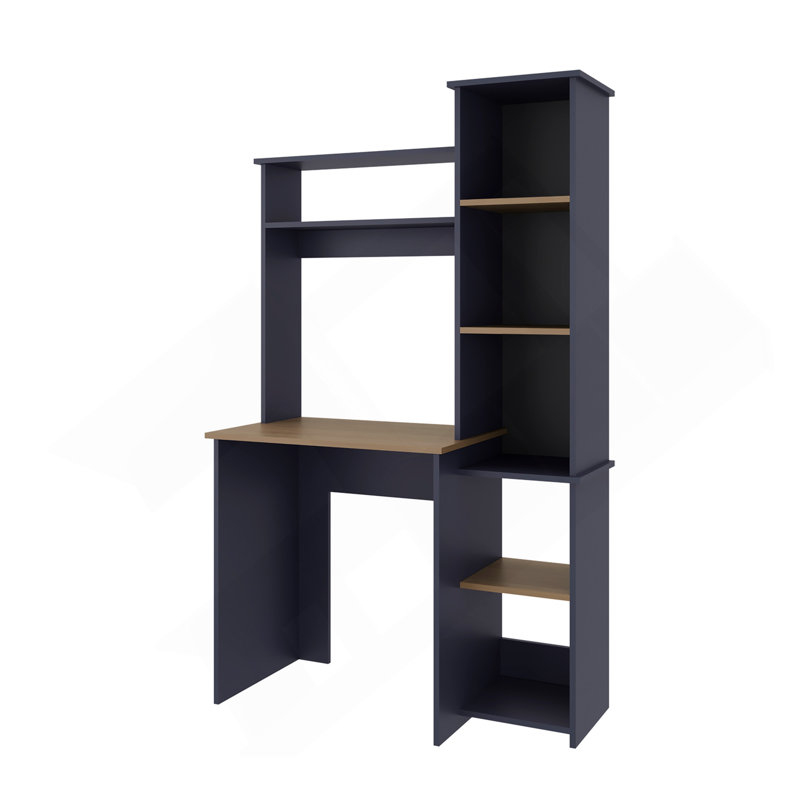 Bureau d'ordinateur avec huche et bibliothèque latérale, bureau à domicile moderne avec tablettes de rangement, bleu Kronos et chêne naturel