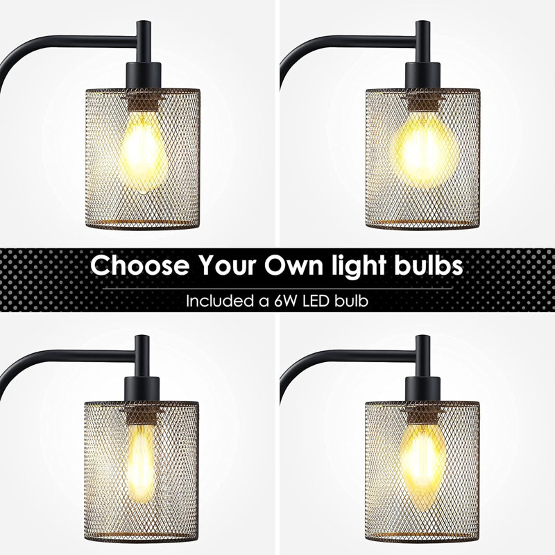 Industrial Floor Lamp With Iron Mesh Shade, 6W LED Bulb, Foot Switch & Smart Plug Compatible