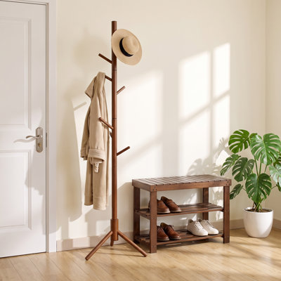 Ensemble de banc de rangement en bambou pour chaussures et portemanteau en bois massif, portemanteau d'entrée avec étagère à chaussures à 3 niveaux, 8 crochets, rangement autoportant
