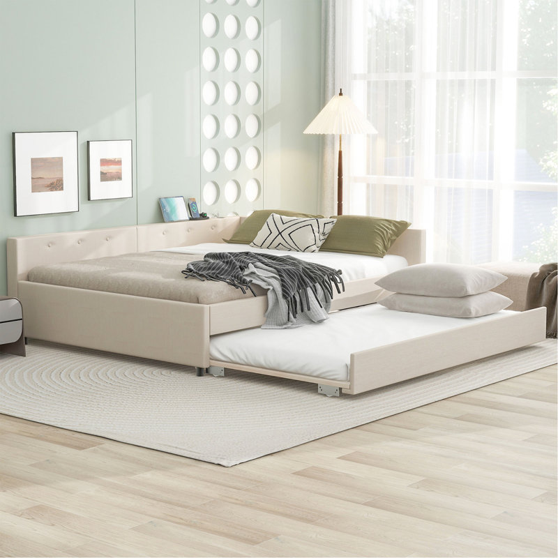 Grand lit plateforme tapissier avec gigogne USB et lit simple, beige, Queen