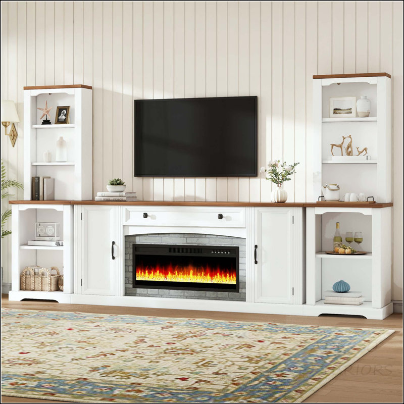 Meuble audio-vidéo 3 pièces avec foyer électrique, Oui, Blanc