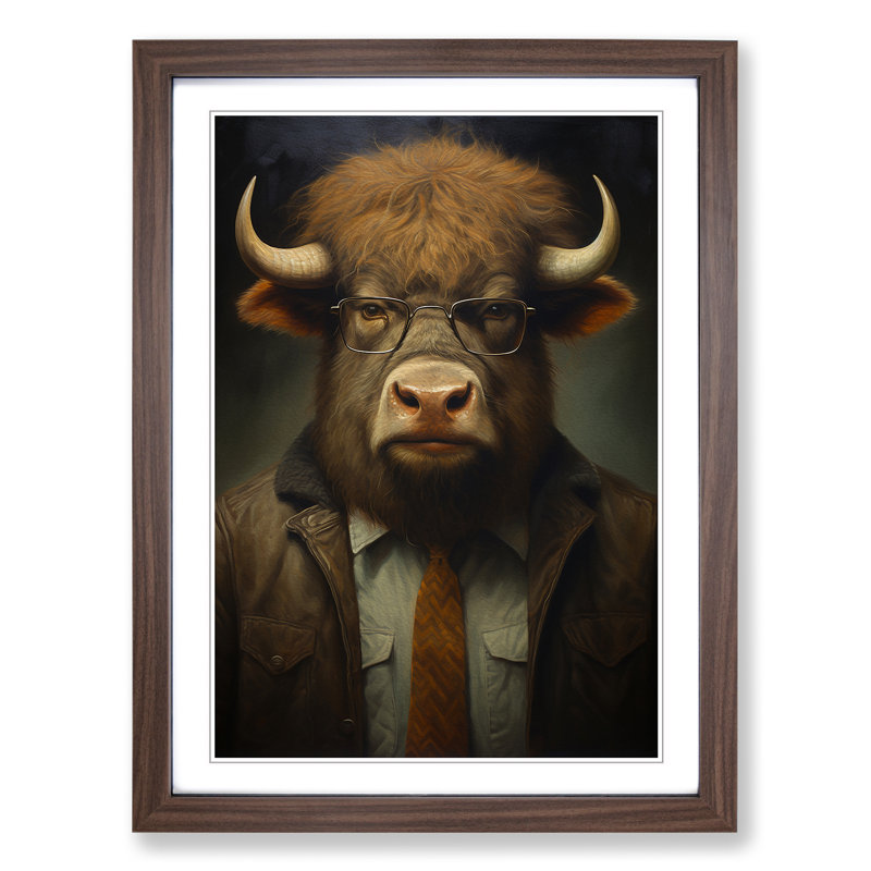 Bison With Glasses Painting - Single Picture Frame Print on Wood, 46cm H x 34cm W x 2cm D, Walnut Framed