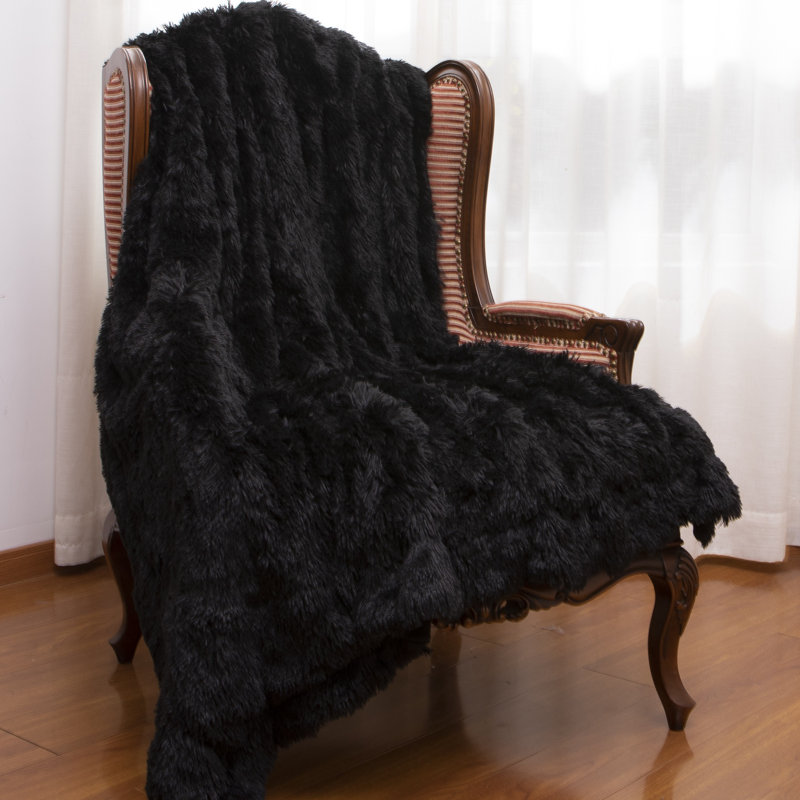Black Reversible Shaggy Faux Fur and Fleece Throw Blanket