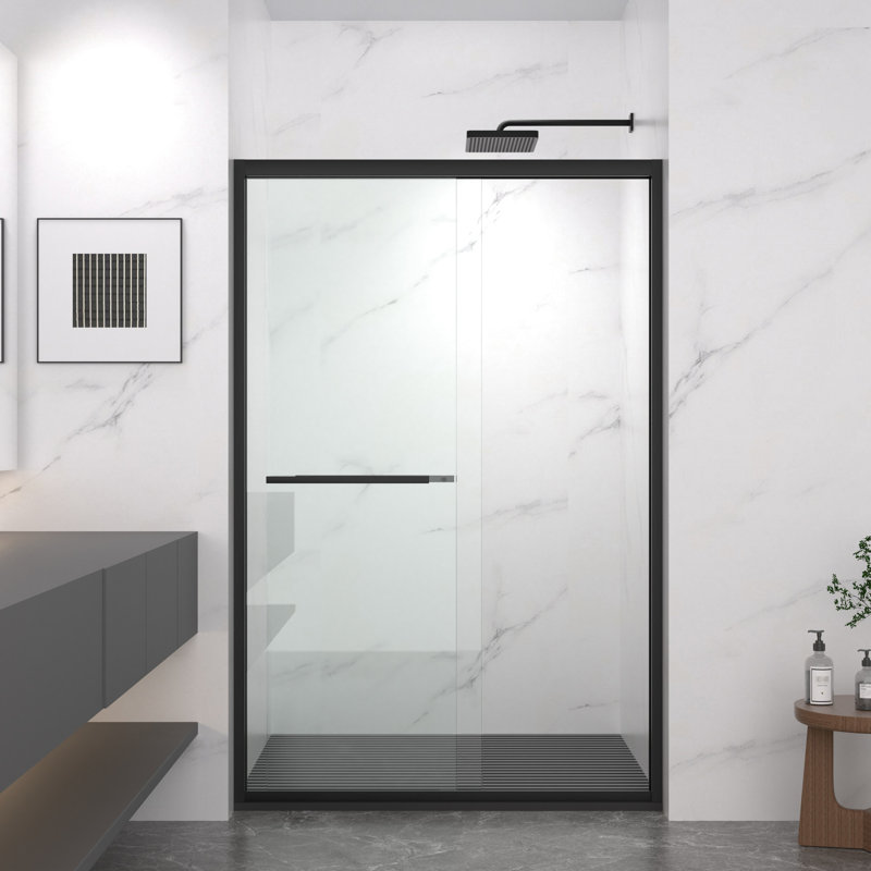 Double Sliding Shower Door With 8mm Clear Tempered Glass, Matte Black Aluminum Frame, Stainless Steel Handle, - Crash Angle, Mute Operation For Bathroom Finish, Protection, Reversible