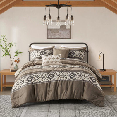 Édredon avec coussins décoratifs, 5 pièces à rayures, très grand / très grand, brun, coussins