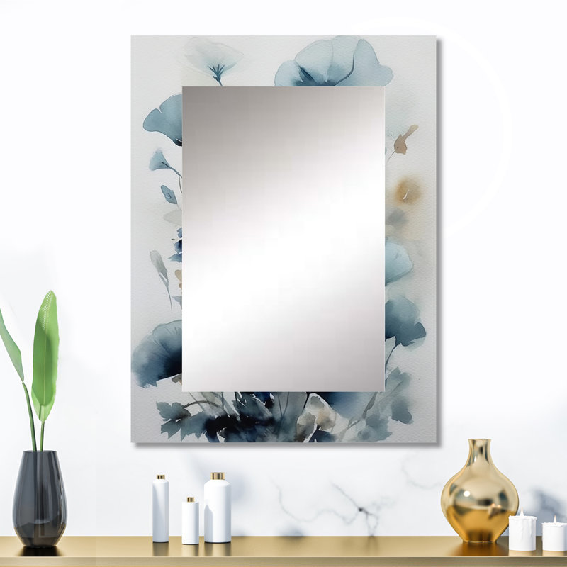 «Blue Leaf Foliage And Flowers I - Leaves», miroir décoratif traditionnel, art mural en métal imprimé, 32 po x 24 po