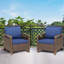 Ensemble de 2 chaises longues d'extérieur en osier brun avec coussins bleus pour véranda ou terrasse