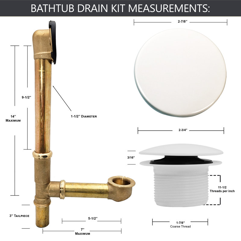 Ensemble de drain de baignoire 14 "en laiton calibre 14 avec un débordement sans trou, Blanc thermolaqué