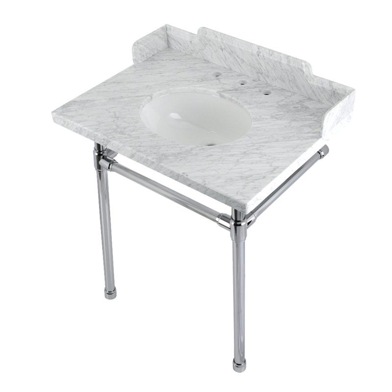 Évier de console en laiton Carrara de 30 po avec pieds en acier inoxydable, marbre blanc / nickel poli Kingston LMS30M86ST Kingston