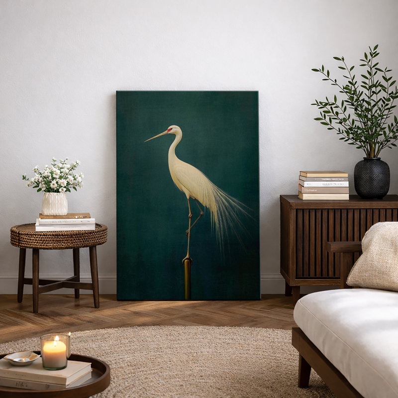 Oiseau aigrette vert rétro, photos de salle de bain rustique moderne, impression sur toile encadrée, Toile tendue