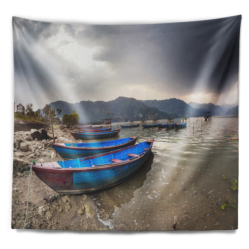 Tapisserie sur les bateaux bleus dans le lac Pokhara, H 78 po x l 92 po
