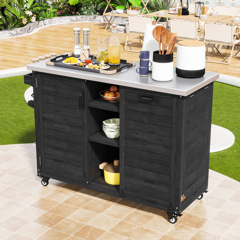 Îlot de cuisine extérieur avec table de barbecue extensible, chariot-bar avec rangement pour poubelles et plateau en acier inoxydable