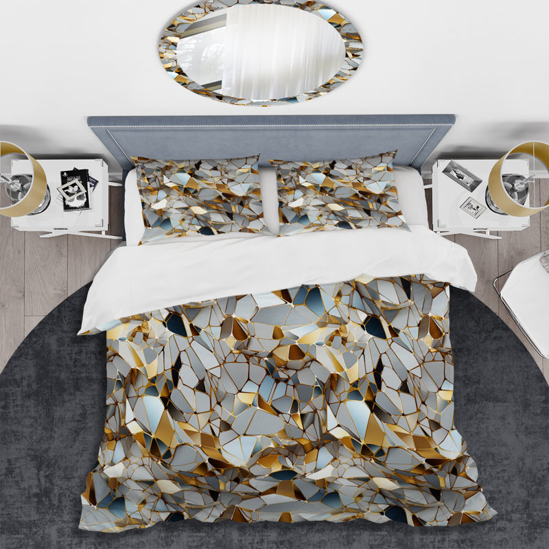 Literie en marbre blanc et doré à motif géométrique Glam I, Housse de couette pour grand lit et 2 taies décor